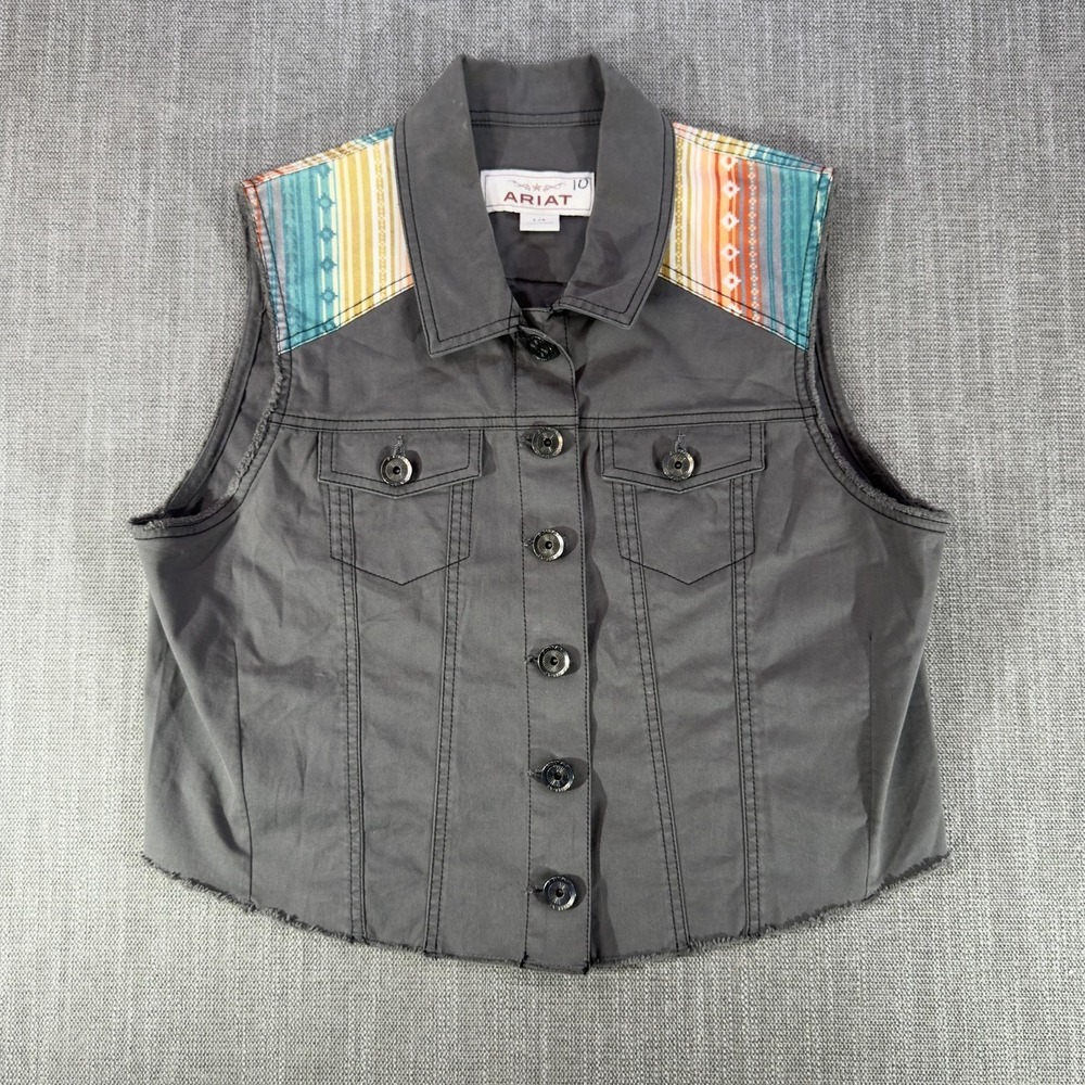 Ariat Vest Womens Large Gray Denim Button Front Western Aztec Striped Yoke